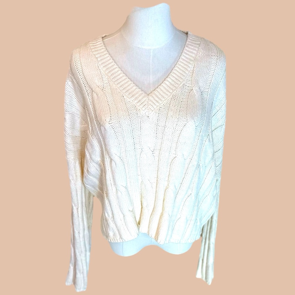 Madewell NWT size XXL V-neck cableknit chunky oversized cream sweater - Picture 3 of 16